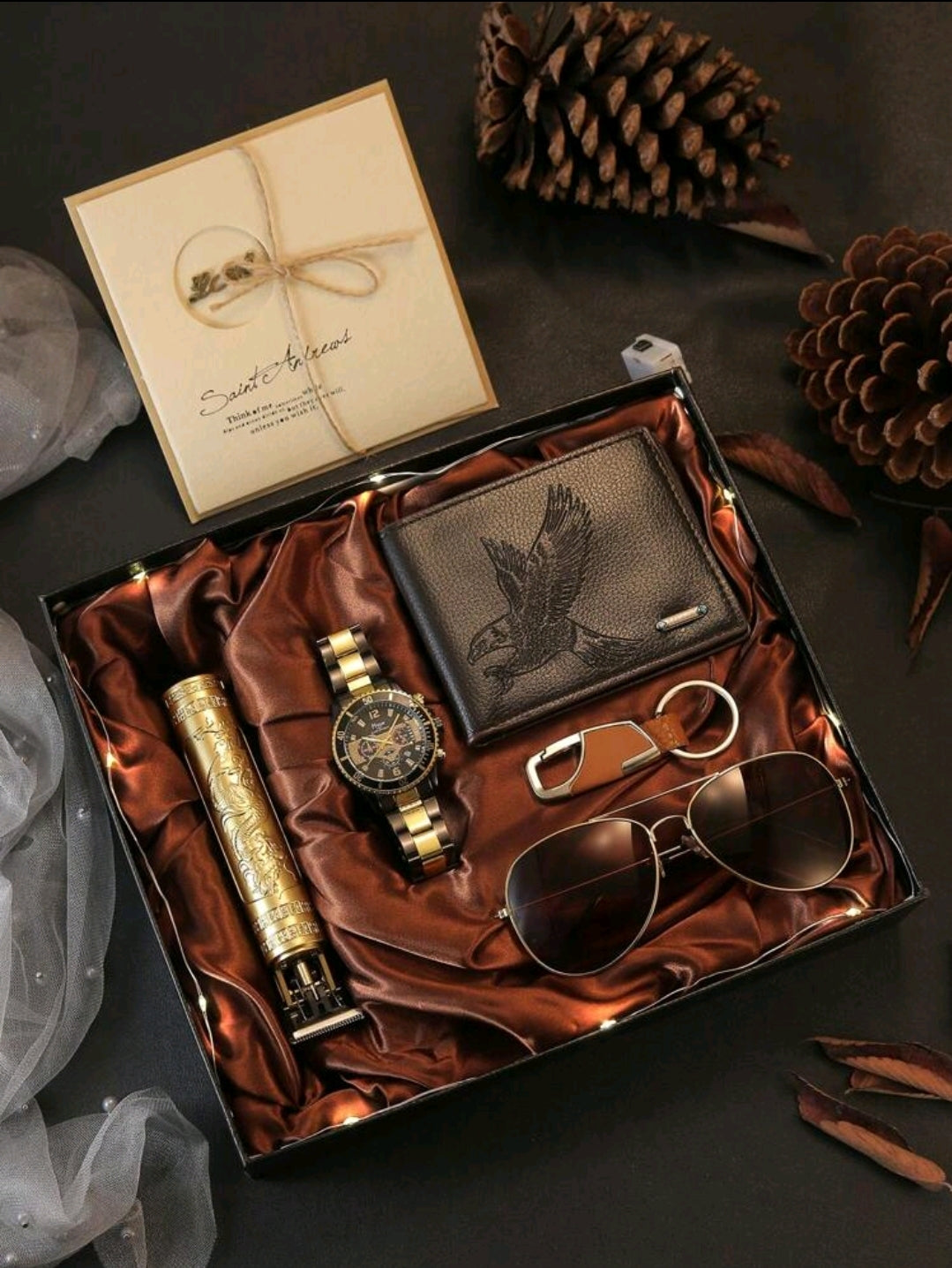 Ensemble de 6 pièces : montre quartz mode, portefeuille , porte-clés, tondeuse, lunettes de soleil, veilleuse d'humeur - ensemble cadeau pour hommes