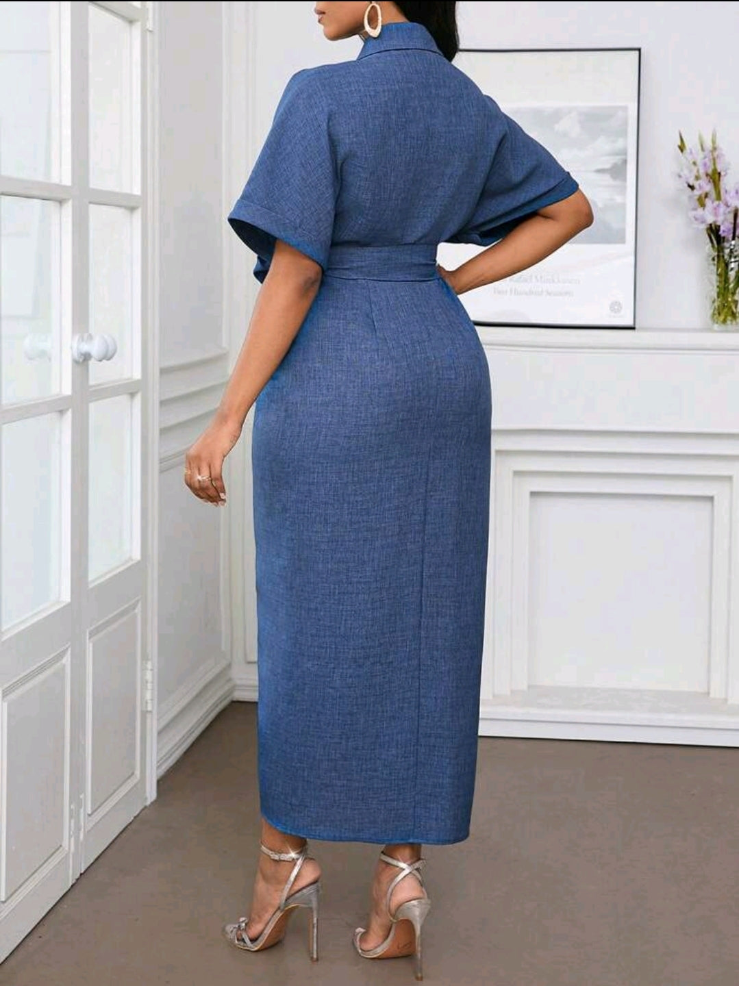 Robe de bureau, robe de vacances, robe chemise à volants bleue unie effet denim pour femmes
