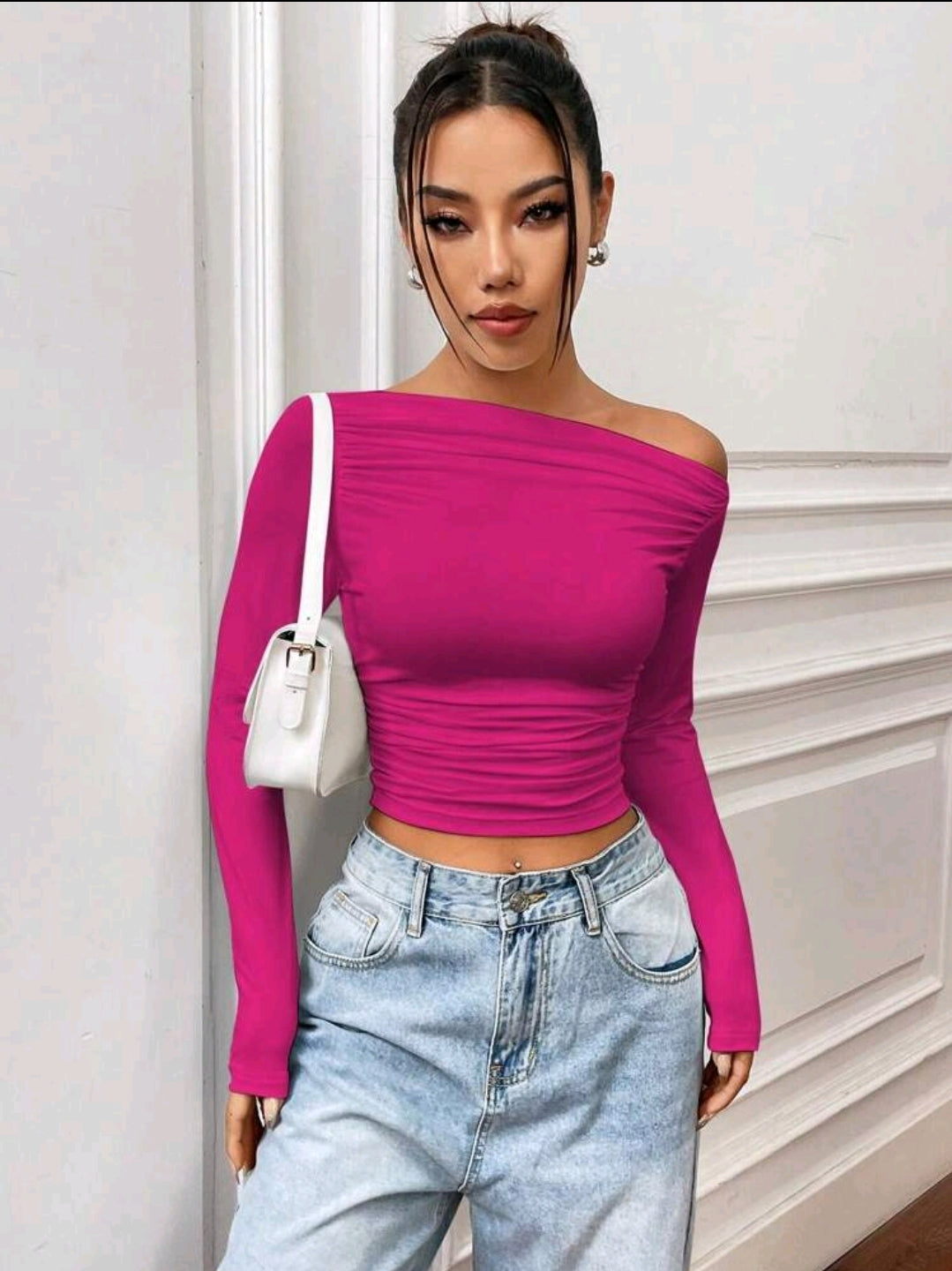 Flirla T-shirt À Manches Longues Slim Plissé Encolure Asymétrique Couleur Unie, Adapté Pour Les Loisirs De Printemps