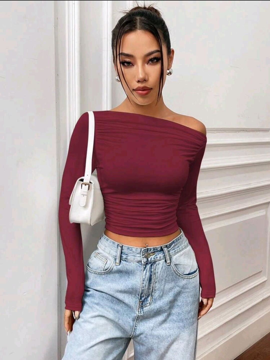 Flirla T-shirt À Manches Longues Slim Plissé Encolure Asymétrique Couleur Unie, Adapté Pour Les Loisirs De Printemps