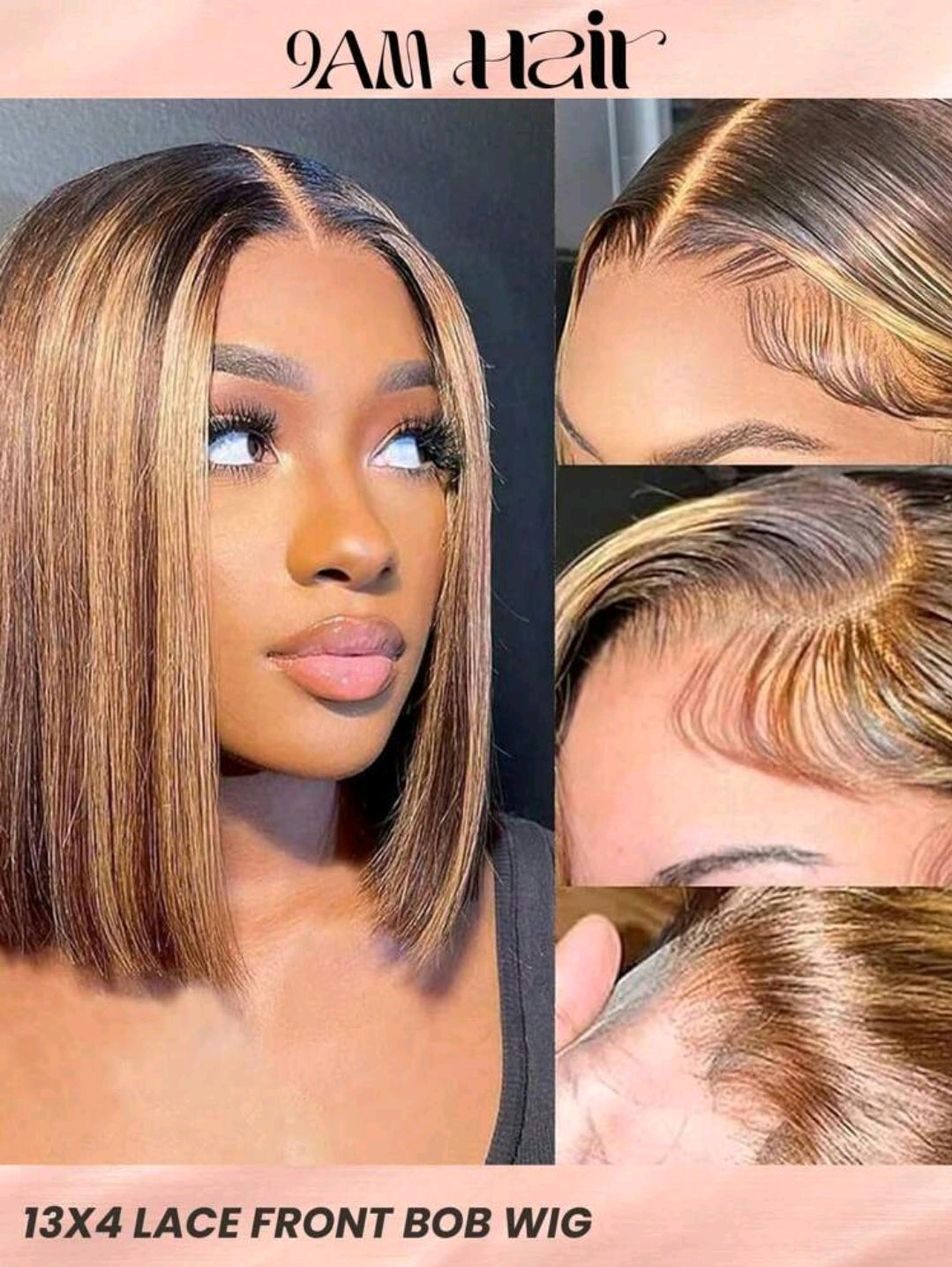 Perruque Bob avec mèches, perruque frontale en dentelle 13x4 en cheveux humains, dégradé brun P4/27 miel blond, perruque Bob en cheveux humains