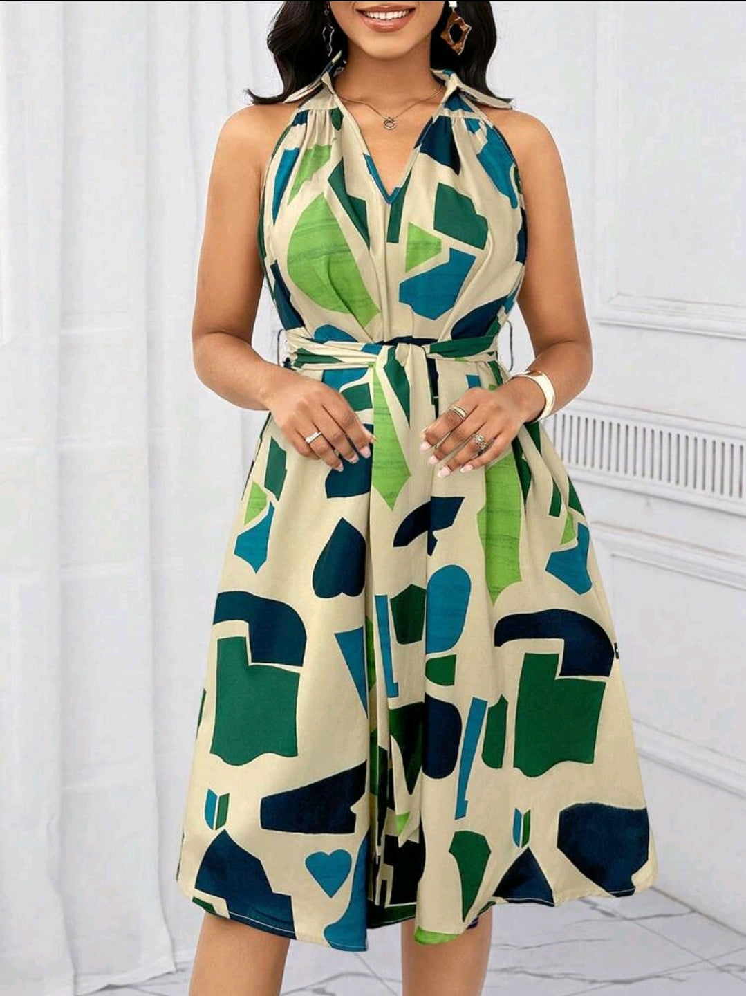 Robes de vacances Robe avec ceinture à nœud et imprimé géométrique pour femmes