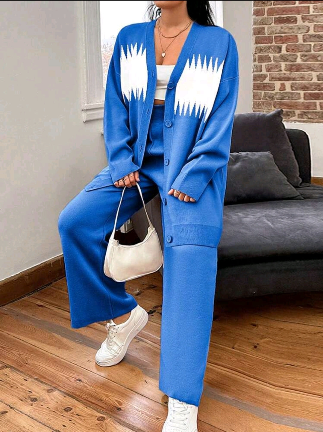 Tenue grande taille en deux pièces élégante, chemise à manches longues avec boutons et imprimé graphique et pantalon, tricoté