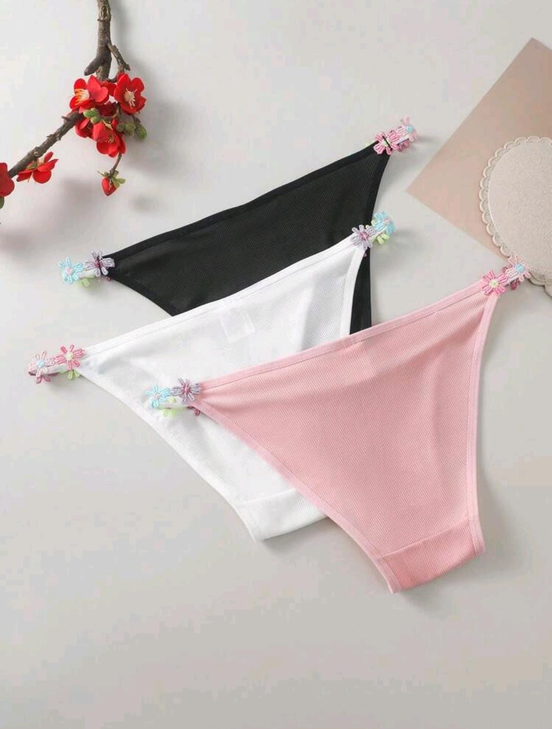 Eraneu 3 pièces/paquet Culottes de mode avec décoration de fleurs appliquées pour femmes