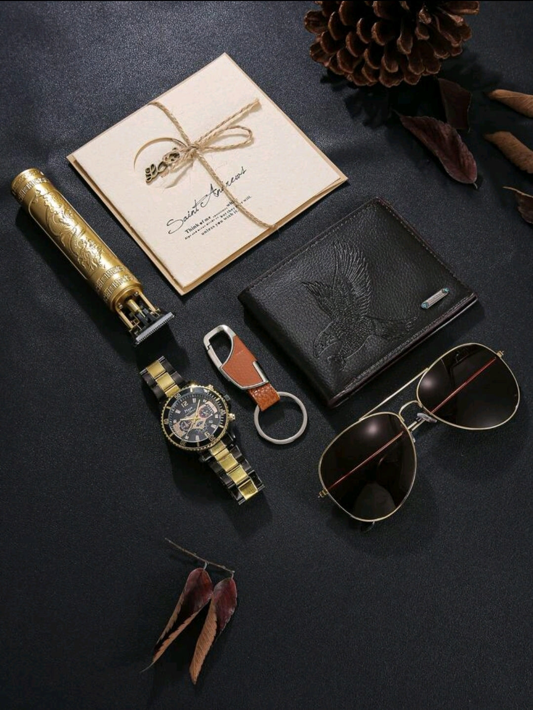 Ensemble de 6 pièces : montre quartz mode, portefeuille , porte-clés, tondeuse, lunettes de soleil, veilleuse d'humeur - ensemble cadeau pour hommes