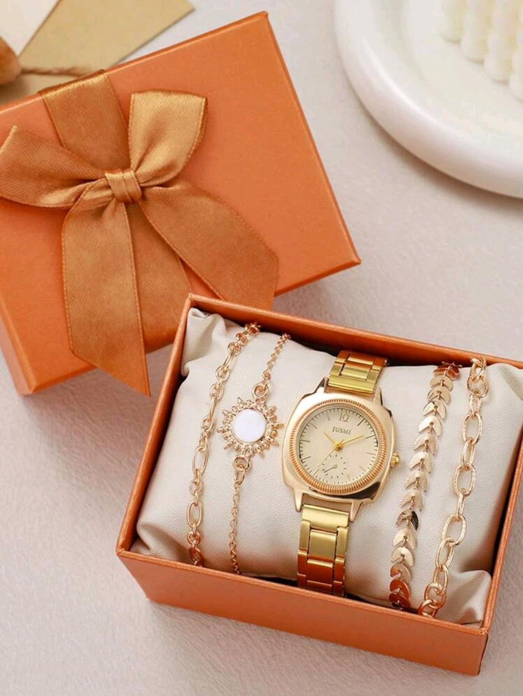 5 pièces/set Montre à quartz à cadran rond en acier de style mode mélangé avec bracelet décoré de feuilles.