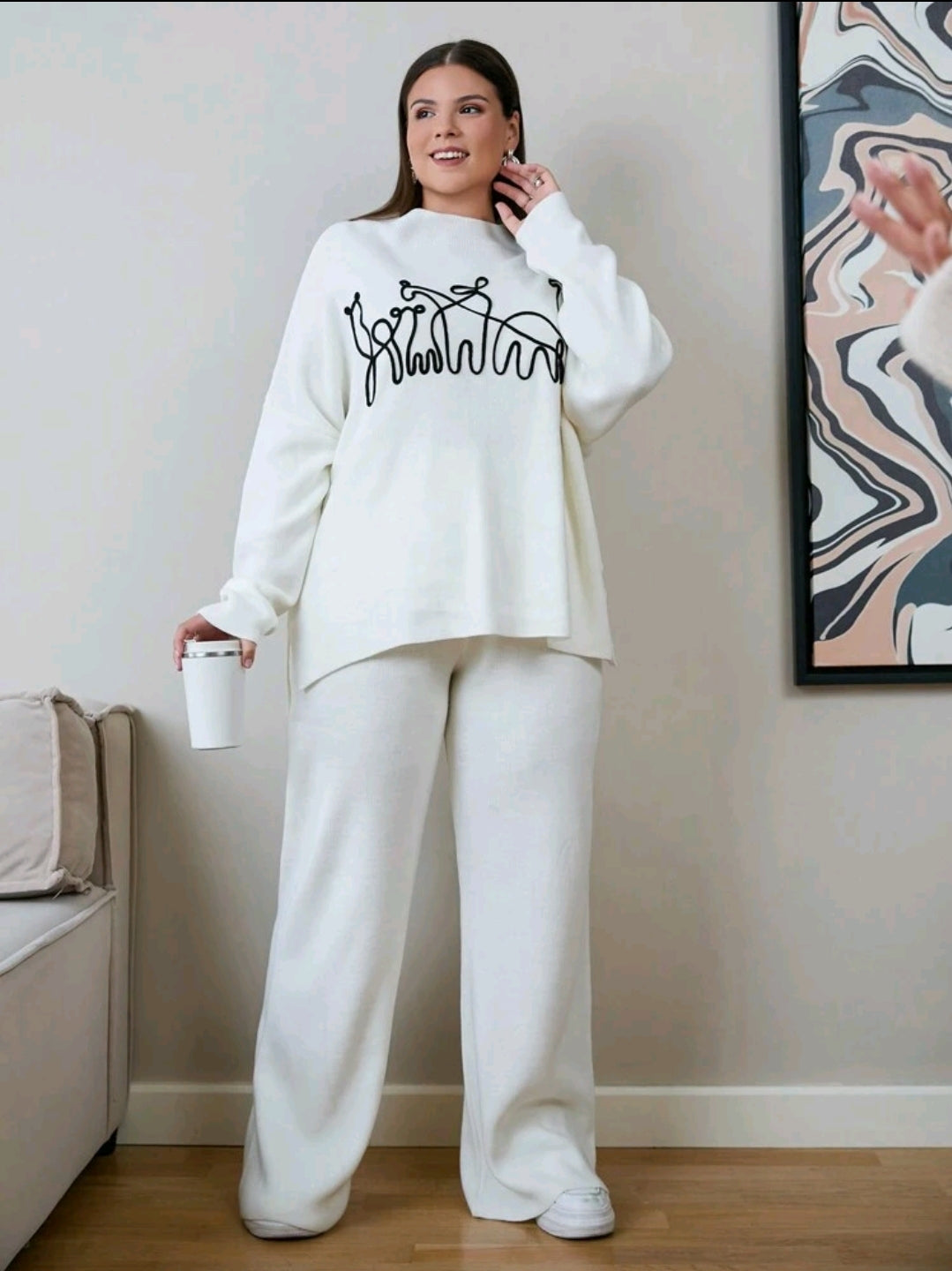 Pull oversize pour femmes avec détails brodés et pantalon en tricot, pour l'hiver