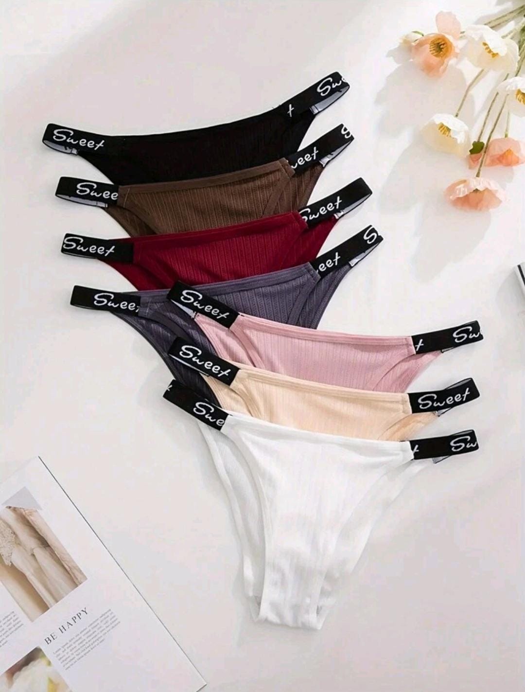 7 pièces de culottes taille basse pour femmes à bande de taille côtelée avec texte en anglais