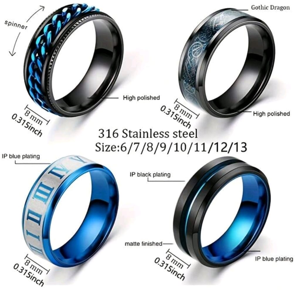 4 pièces Bague en acier inoxydable bleue à la mode pour homme, découpée, mate sablée, avec chaîne bleue rotative.