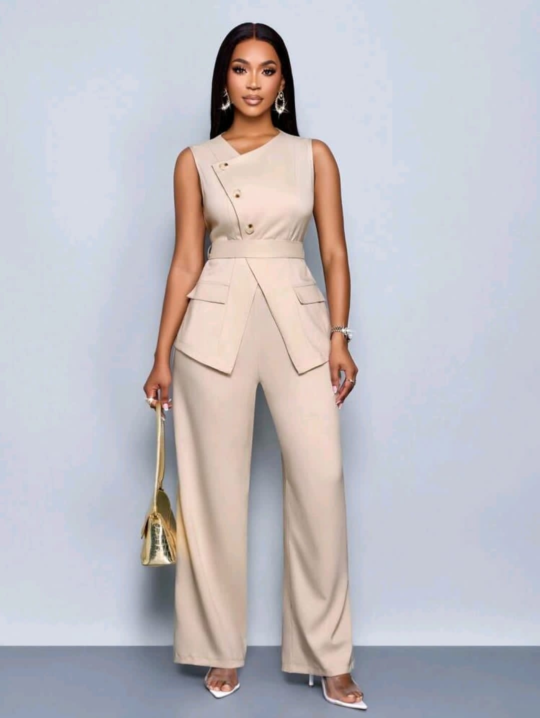 SOLERSUN 2 pièces/set Femme Décontracté Mode Quotidienne Polyvalente Blouse Asymétrique Sans Manches à Ourlet Asymétrique & Pantalon Taille Haute à Jambe Large Avec Ceinture