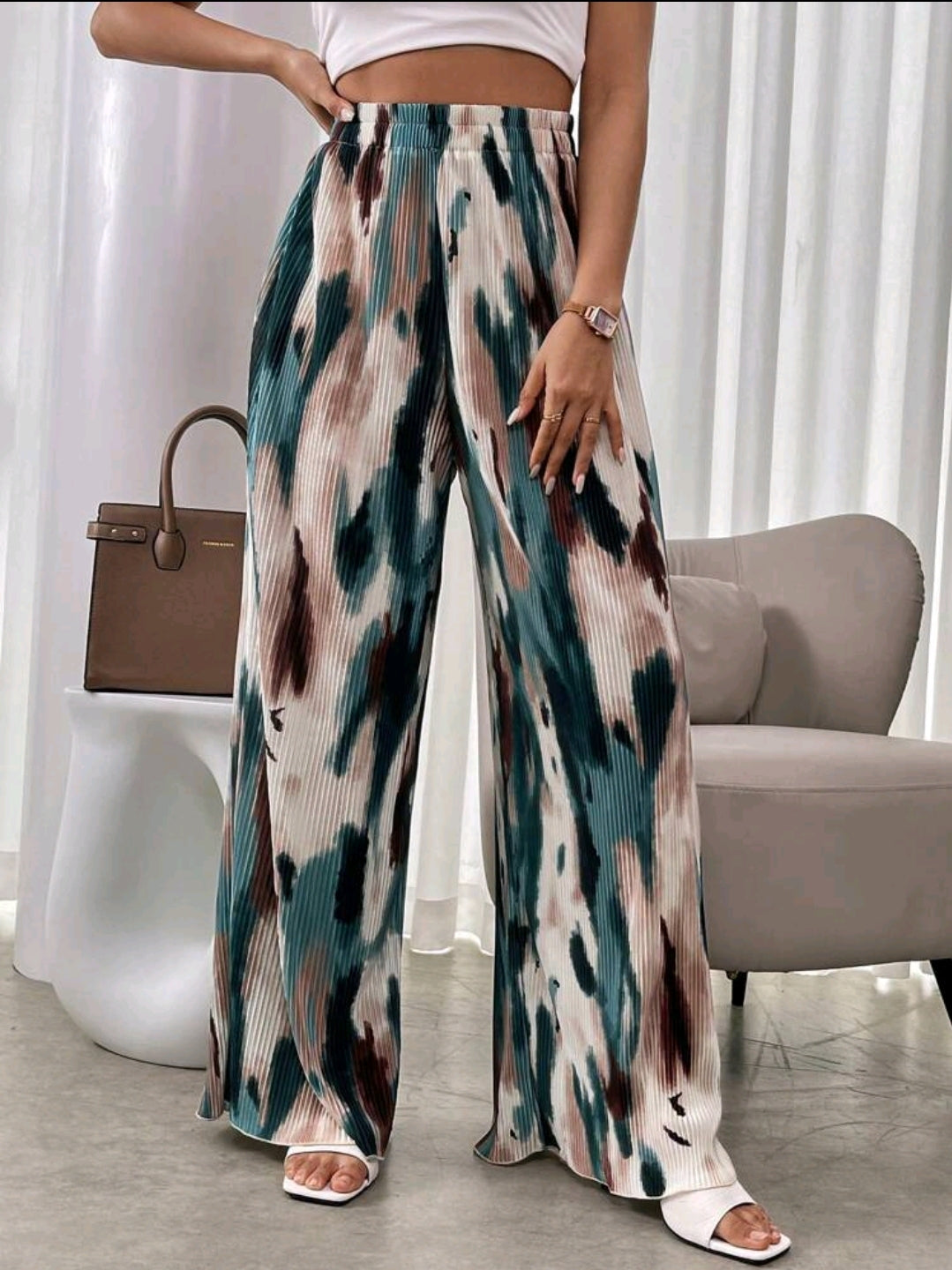 Franclia Pantalon décontracté plissé imprimé géométrique à taille élastique pour femme