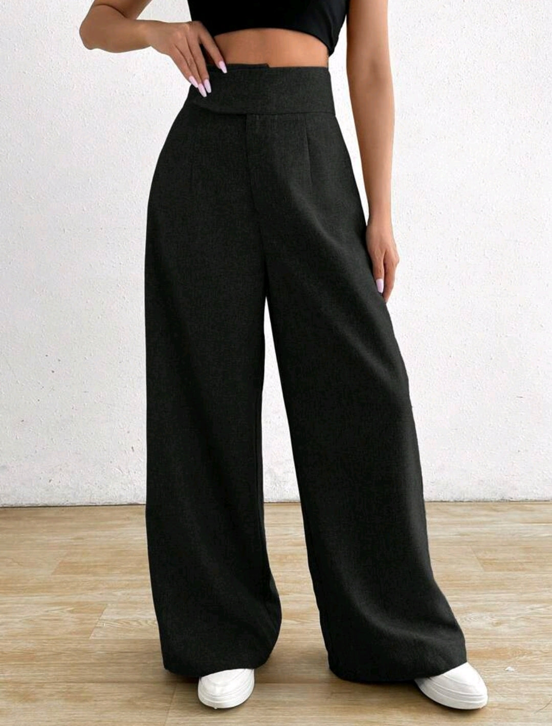 Rafferiza 1 pièce Pantalon casual noir ample asymétrique à la taille pour femmes
