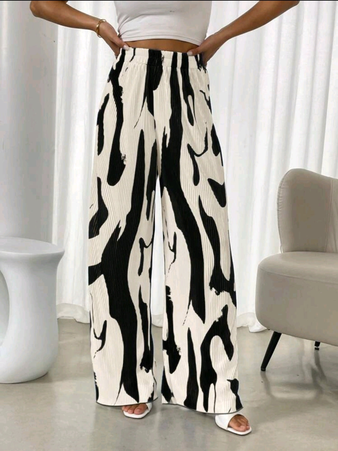 Franclia Pantalon décontracté plissé imprimé géométrique à taille élastique pour femme