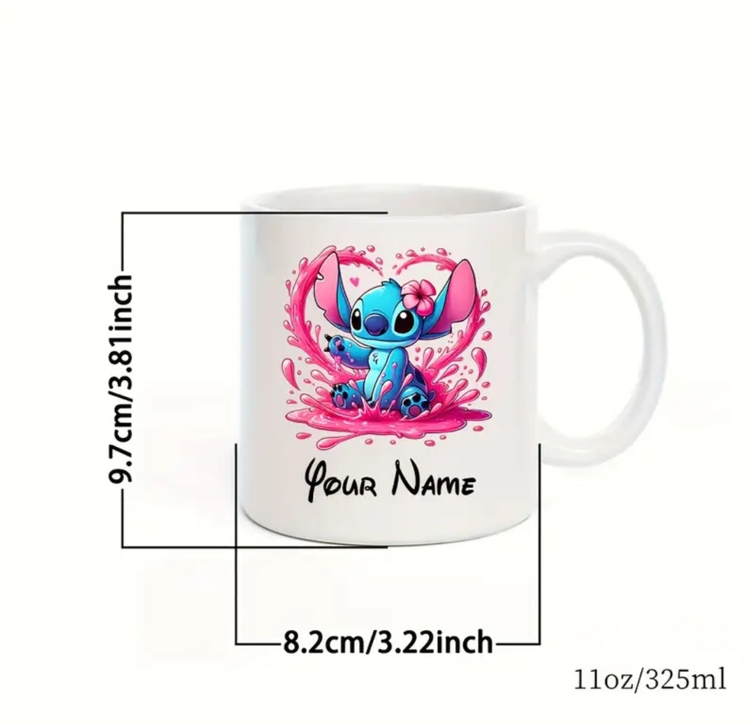 Tasse en céramique personnalisable 11oz Stitch - Nom personnalisé, design coloré, idéal pour le café,
