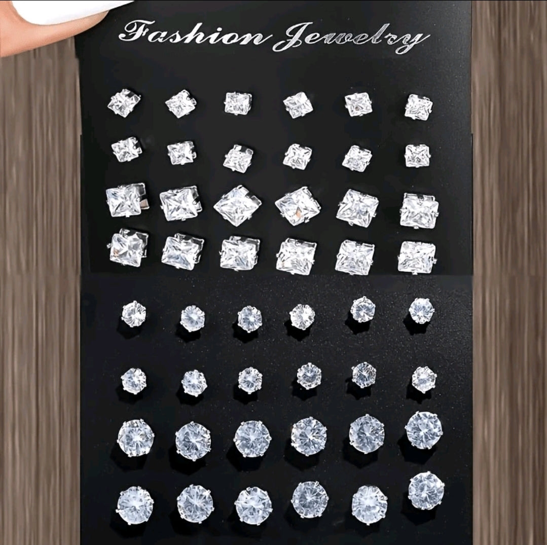 48 pièces/set Boucles d'oreilles à tige rondes et carrées en CZ pour femmes, design élégant et simple, cadeau de mode polyvalent et décontracté