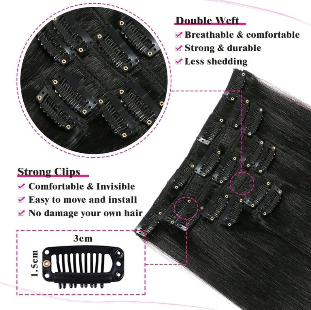 Extensions de cheveux raides kinky noirs en clips pour la tête complète, extensions synthétiques raides yaki en clips pour 7 pièces 25 inch