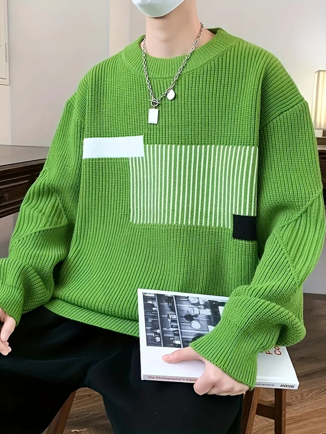 Pull Tricoté à Rayures et Blocs de Couleur pour Homme, Pull Décontracté