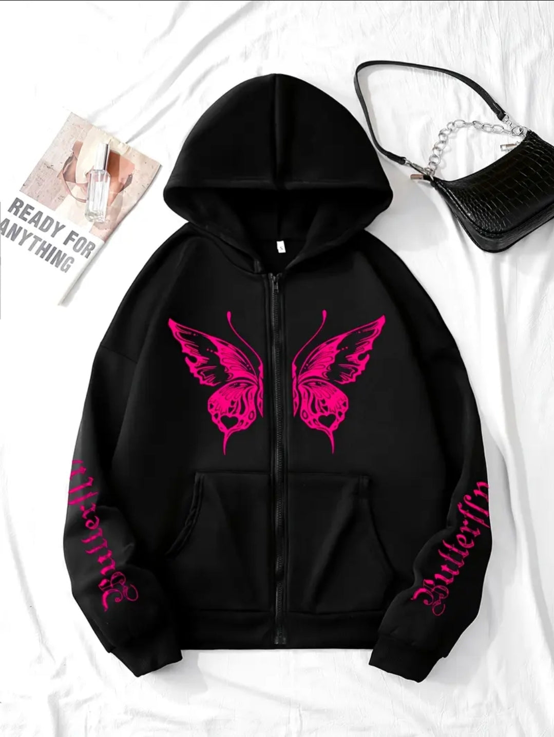 Sweatshirt à capuche avec poches latérales imprimées papillon & lettre, manches longues décontractées