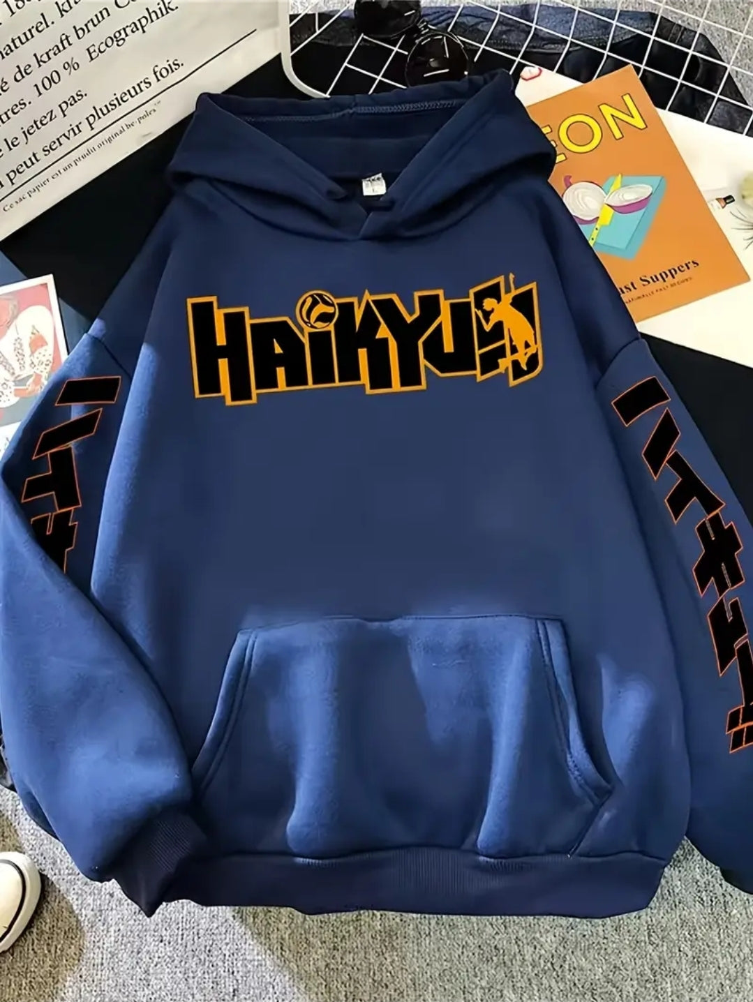 Pull-over Oversize Homme à Imprimé Anime Noir - Sweat à Capuche avec Lettres Audacieuses, Manches Longues
