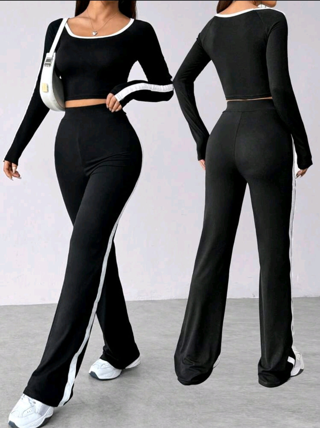 Flirla Ensemble décontracté pour femmes : Haut à manches longues avec encolure ronde et pantalon avec garniture de blocs de couleurs
