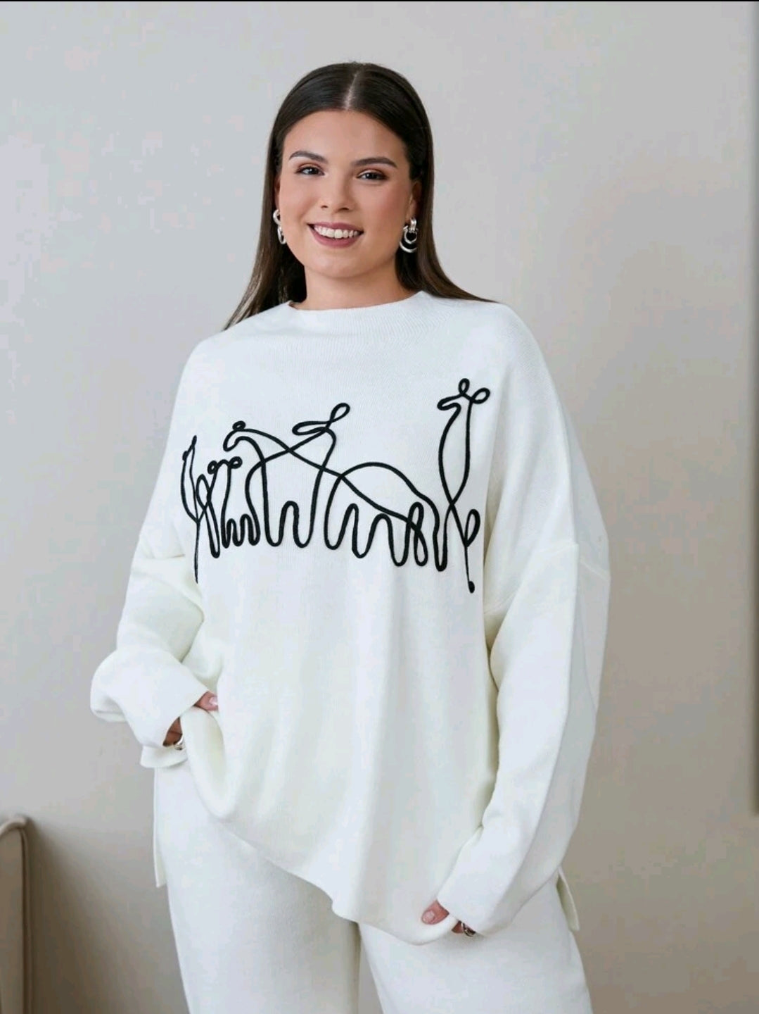 Pull oversize pour femmes avec détails brodés et pantalon en tricot, pour l'hiver