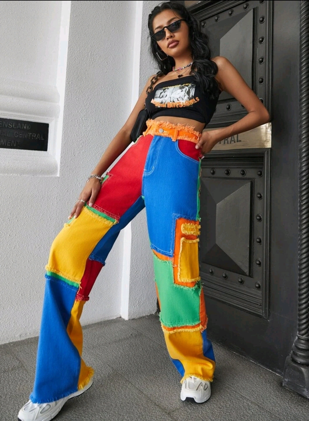 Jean à imprimé patchwork effiloché