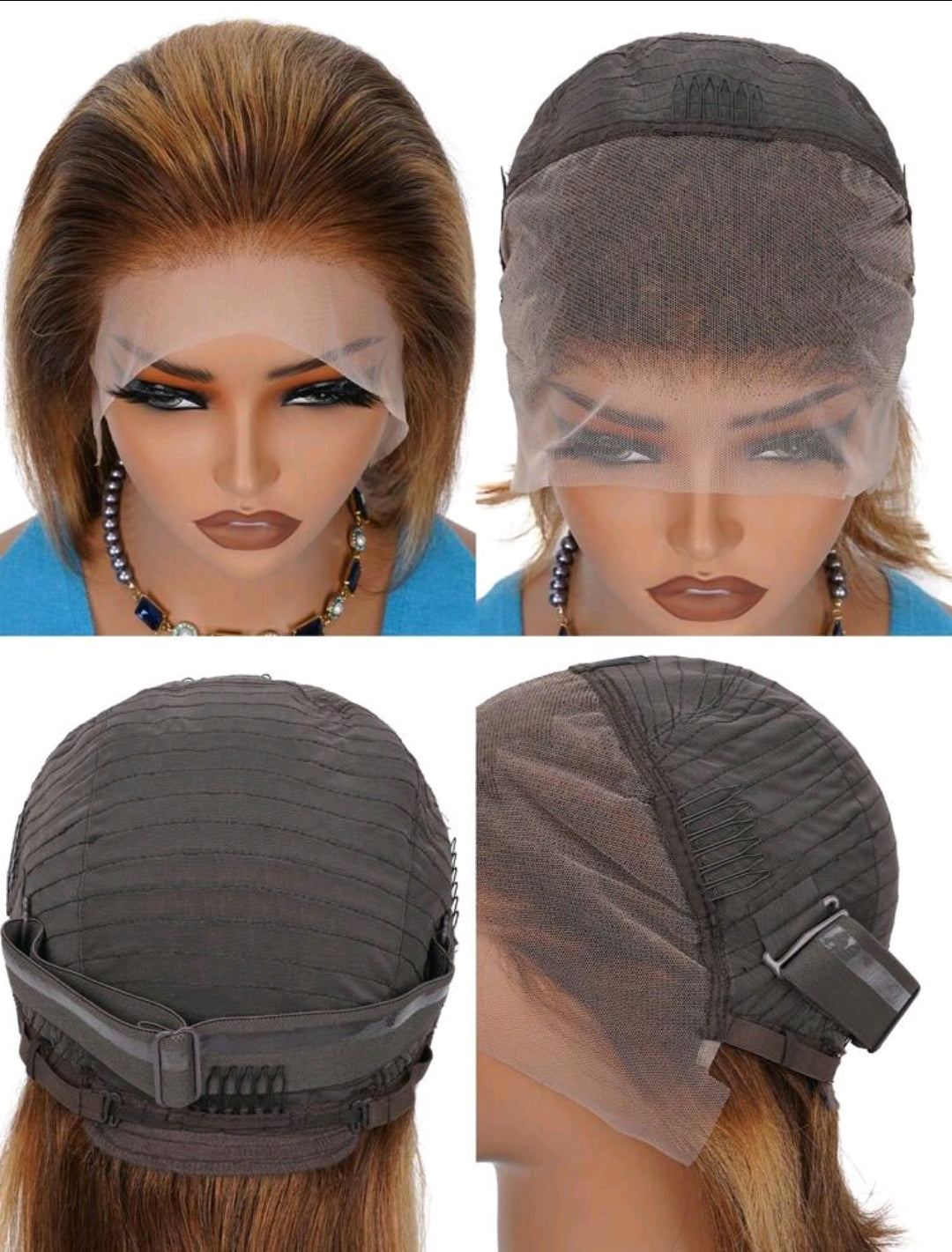 Perruque Bob avec mèches, perruque frontale en dentelle 13x4 en cheveux humains, dégradé brun P4/27 miel blond, perruque Bob en cheveux humains
