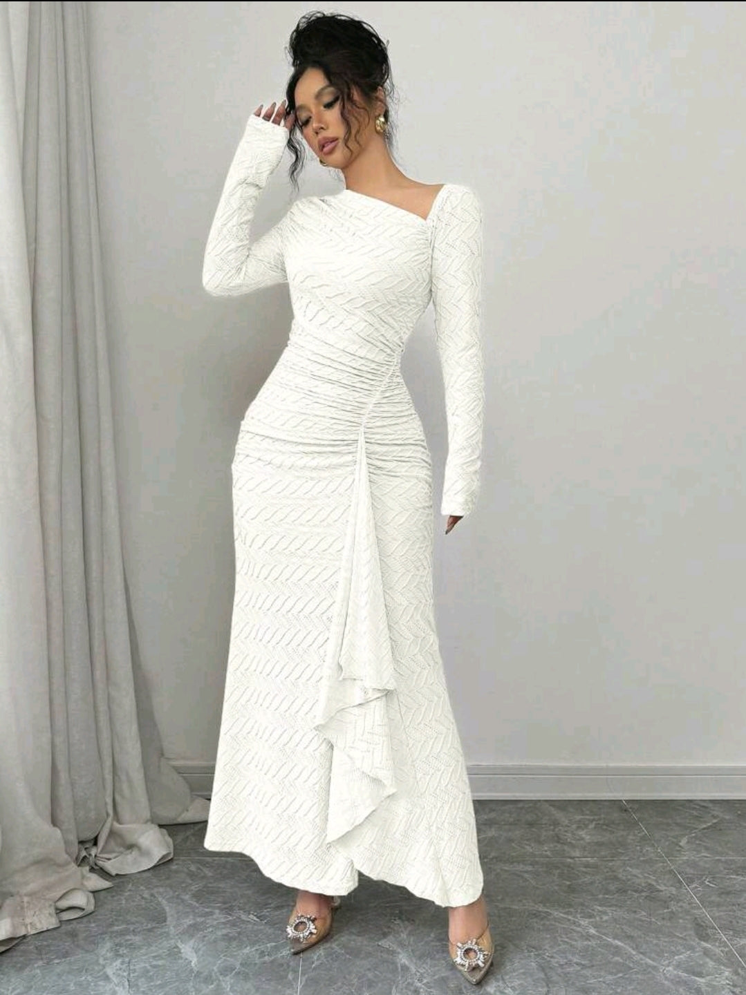 Elenzga Robe maxi élégante en tricot texturé de couleur unie à manches longues
