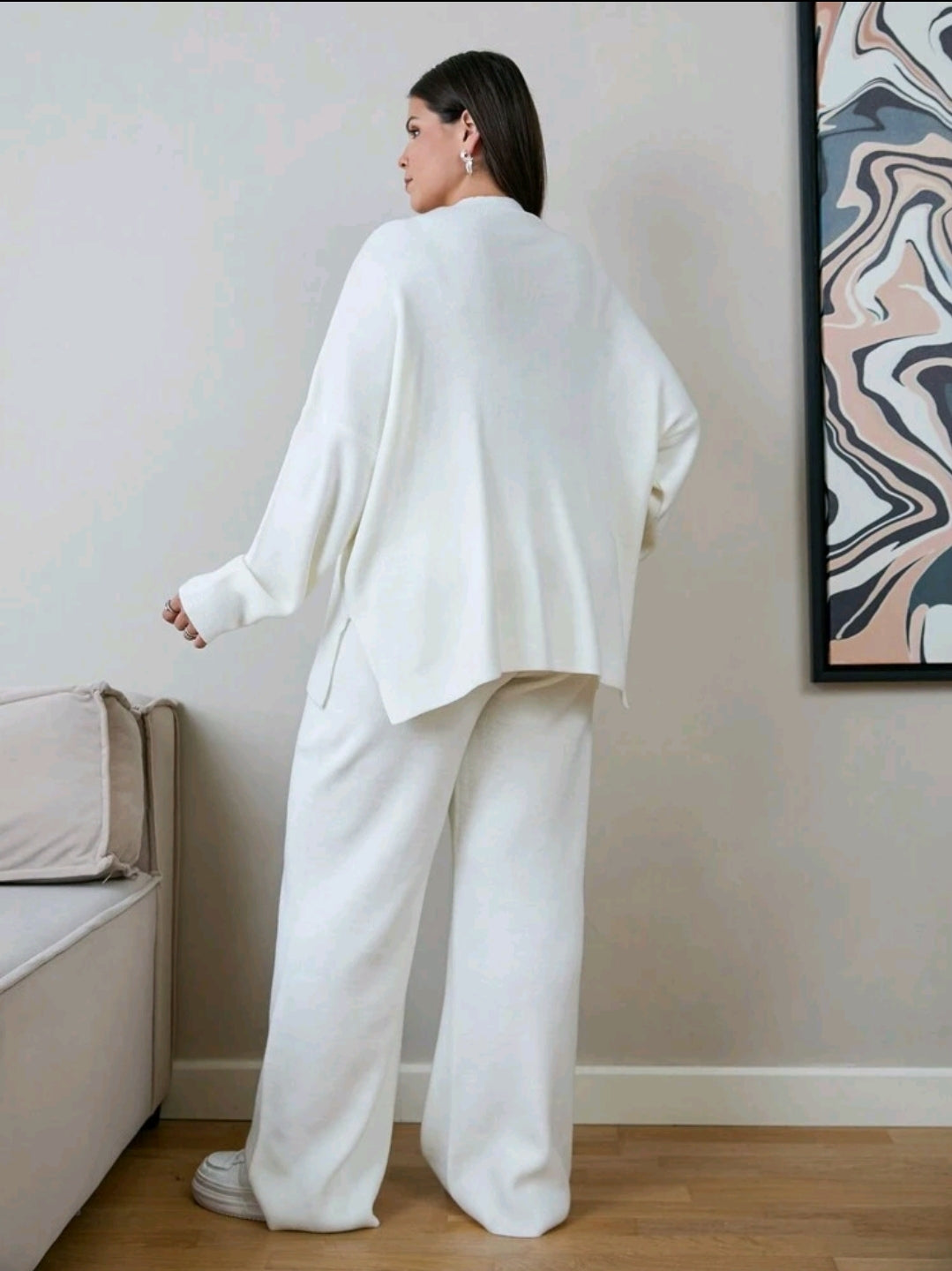 Pull oversize pour femmes avec détails brodés et pantalon en tricot, pour l'hiver