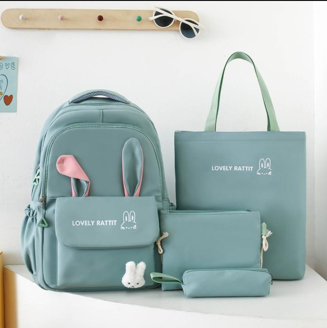 Ensemble de quatre sacs à dos pour femmes, cartable d'étudiant avec oreilles de lapin, sac à dos de protection de la colonne vertébrale de grande capacité