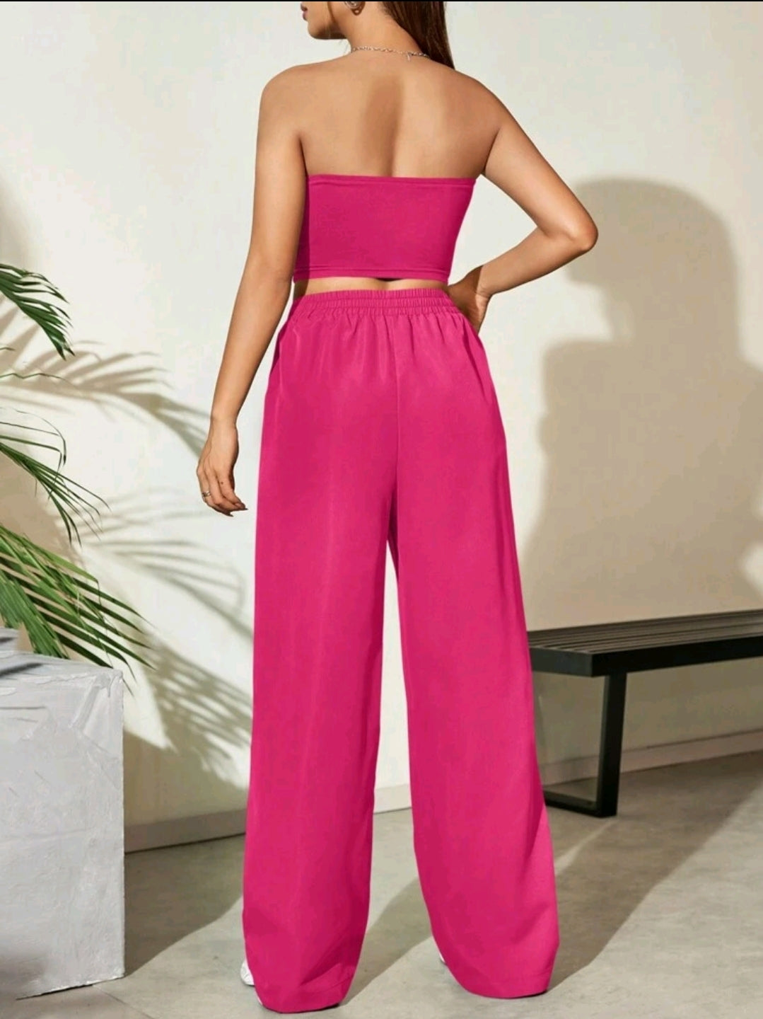 Flirla 2 pièces Ensemble de Top tube dos nu et pantalon casual jambe droite pour femmes