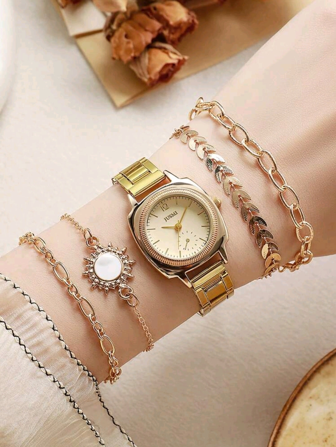 5 pièces/set Montre à quartz à cadran rond en acier de style mode mélangé avec bracelet décoré de feuilles.