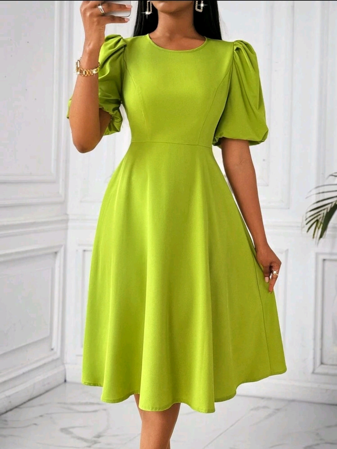 Lyxana Robe verte longue à manches bouffantes et évasée taillée pour femmes, tenue maxi pour femmes au printemps/été