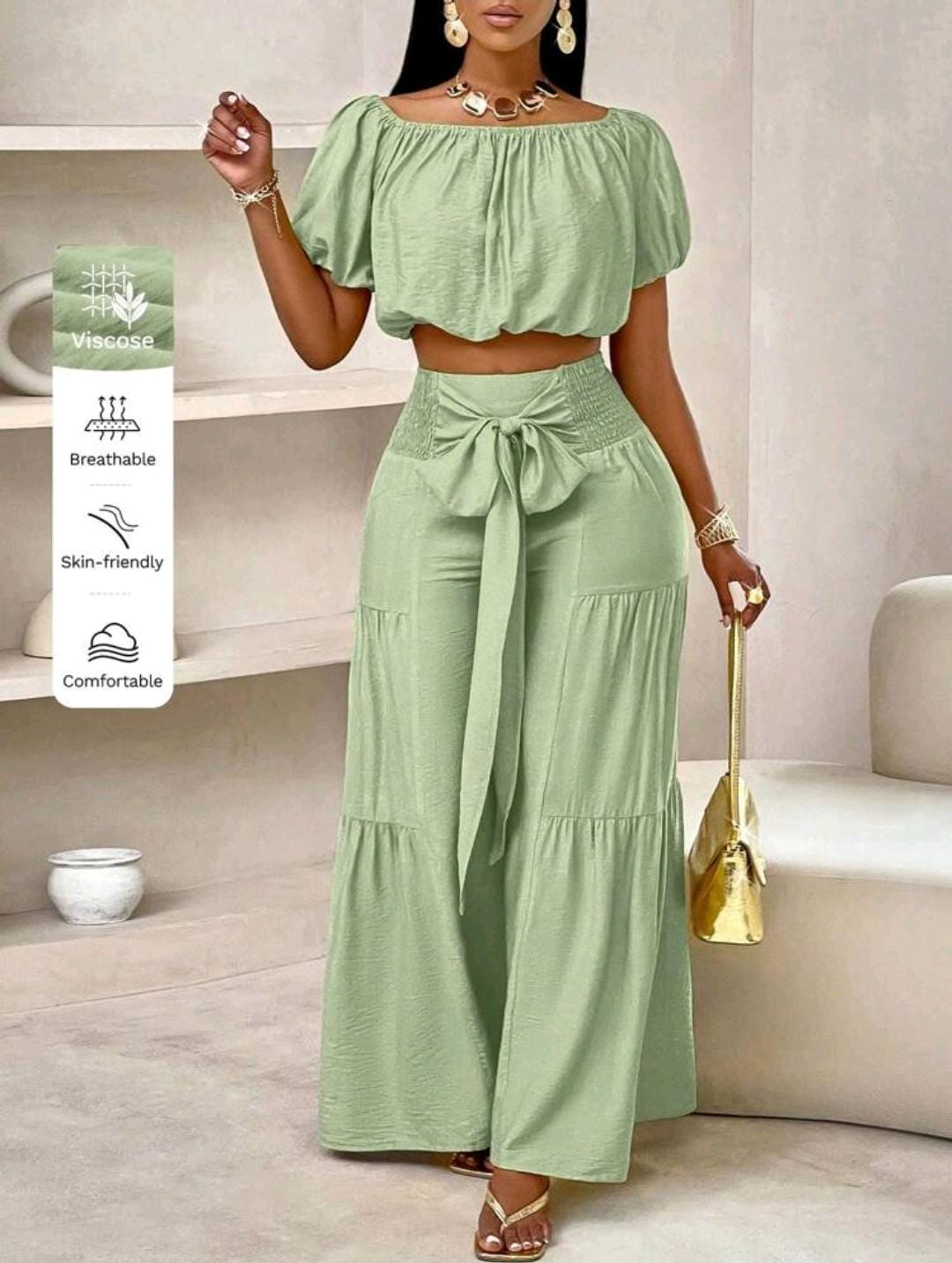 Ensemble de débardeur court à volants sans bretelles à manches bouffantes et pantalon large pour le style vacances d'été à la plage