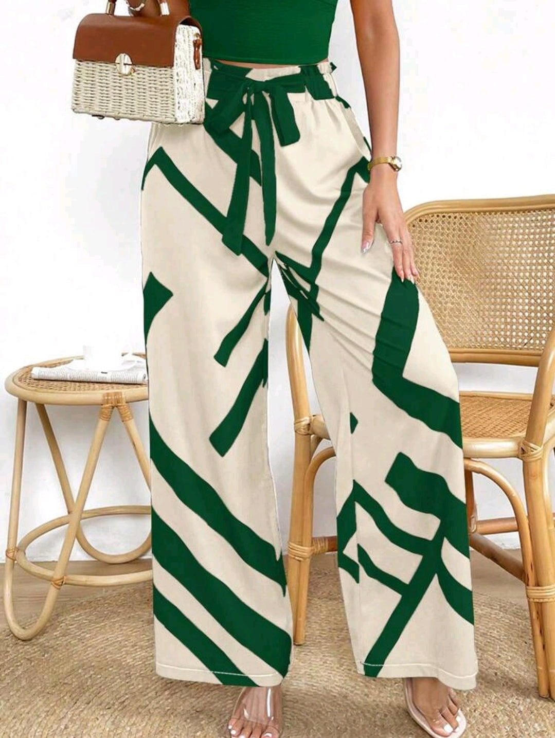 Rafferiza Pantalon À Jambes Larges Et Couleur Bloquée Pour Femmes Avec Nœud