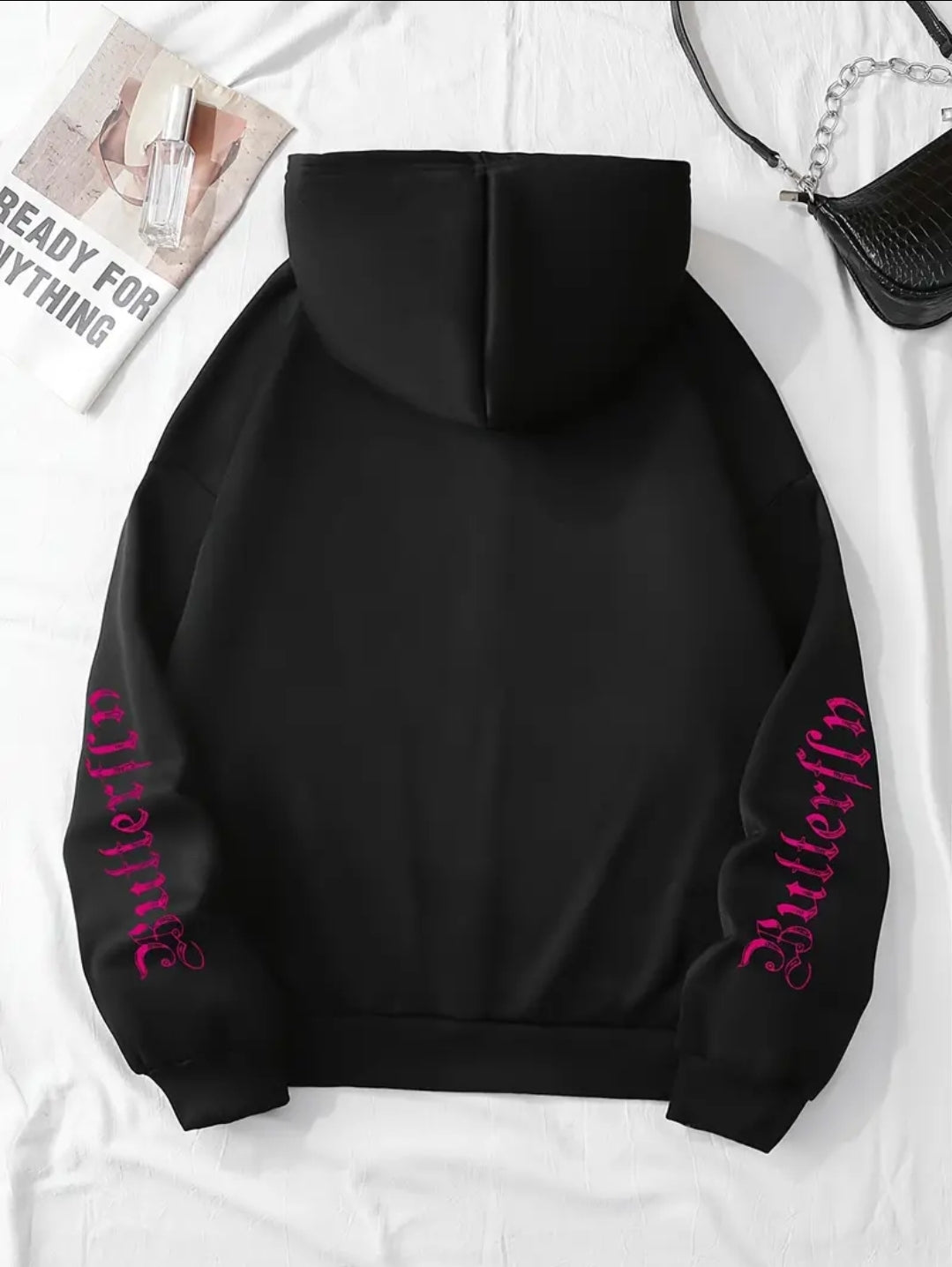 Sweatshirt à capuche avec poches latérales imprimées papillon & lettre, manches longues décontractées