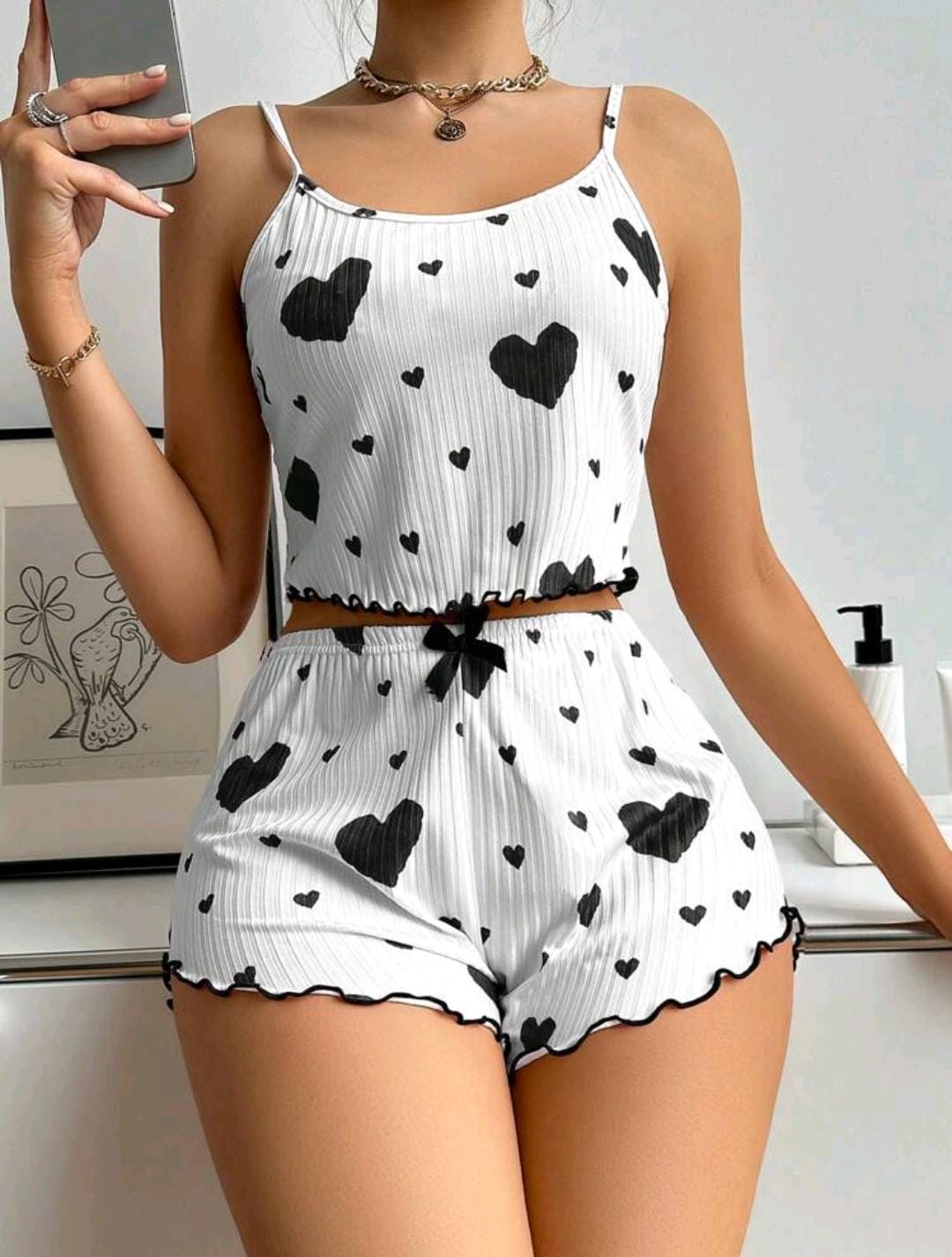 Ensemble Pyjama Haut Et Short Caraco Imprimé Cœur Pour Femmes, Ensemble Blanc, Été