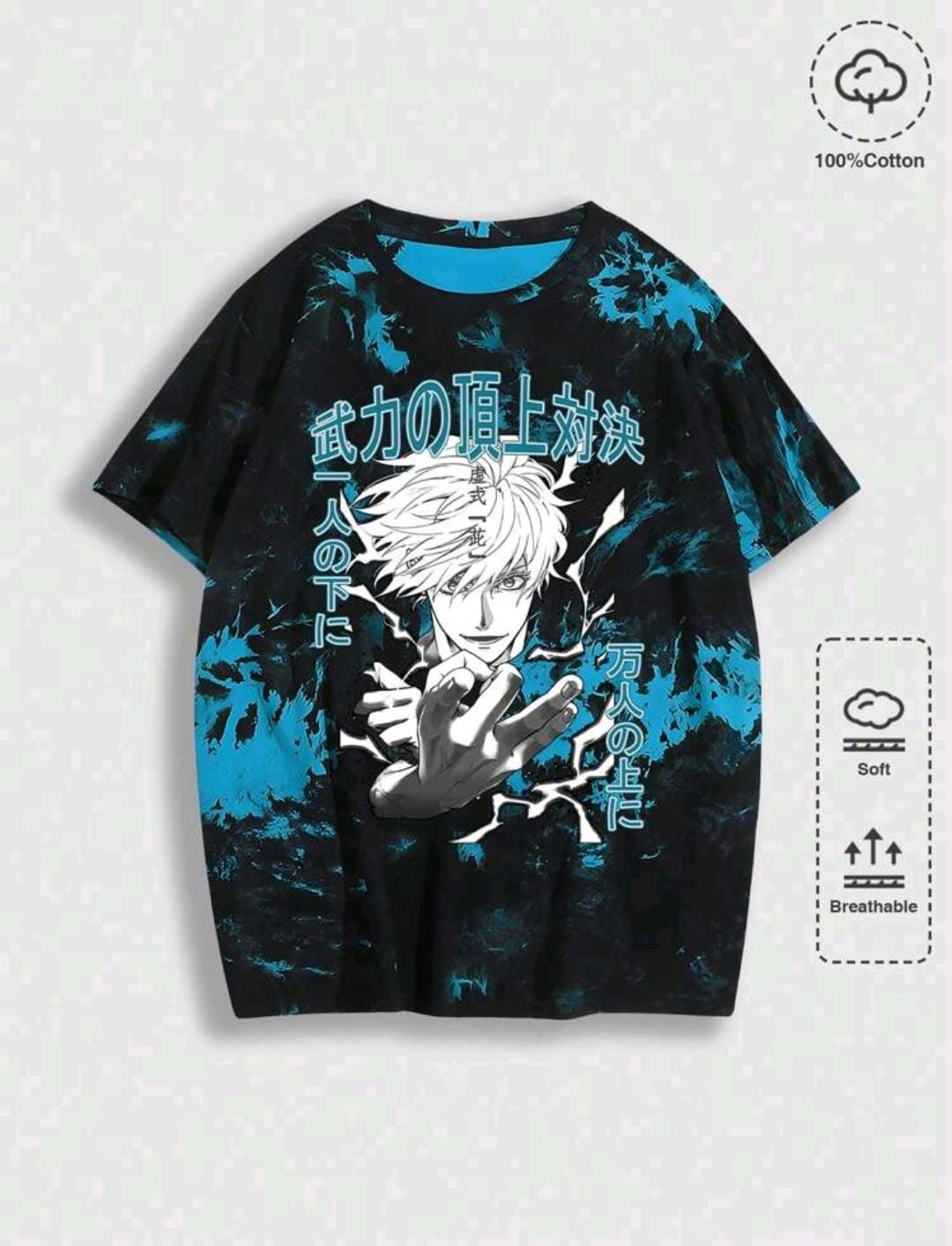 ROMWE MEN Anime T-shirt décontracté à manches courtes, col ras-du-cou, avec imprimé de personnage d'anime tie-dye pour homme