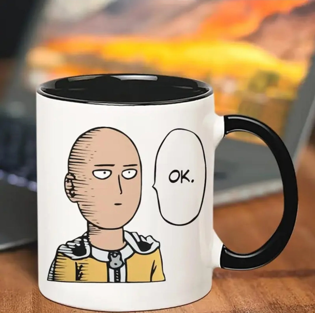 Gobelet en Céramique Fonhark de 11oz Saitama One Punch pour Homme avec Bulle de Parole "OK",