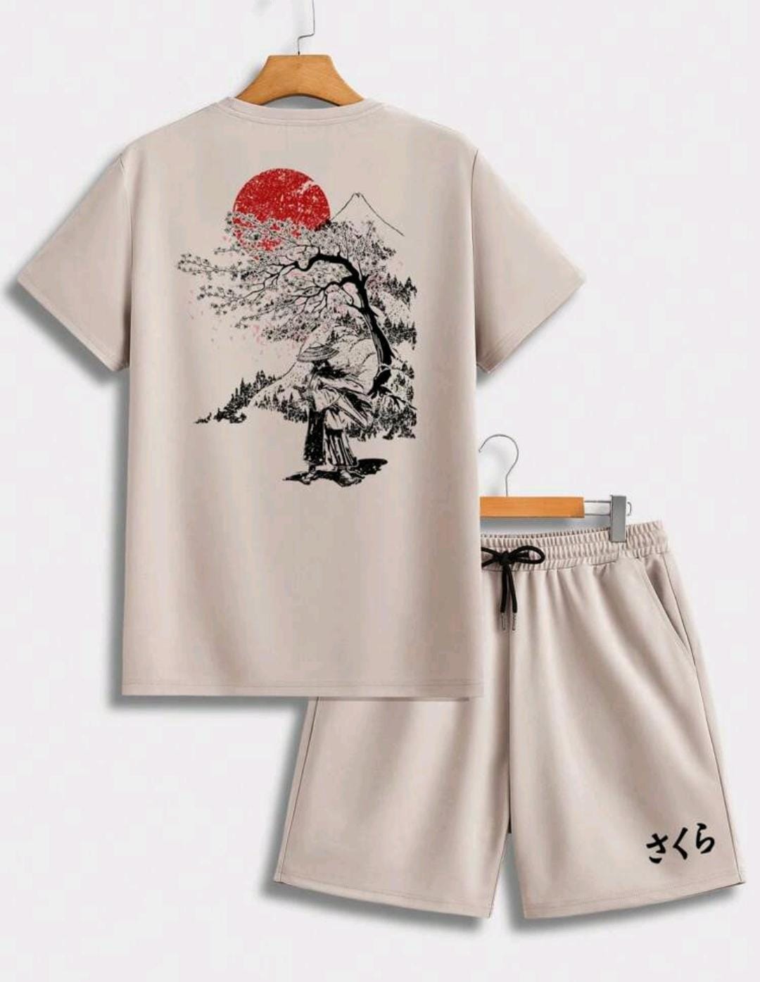 Manfinity Homme Ensemble de t-shirt court à manches courtes blanc décontracté pour homme, imprimé avec un arbre de fleurs de cerisier de style japonais et la silhouette d'un samouraï