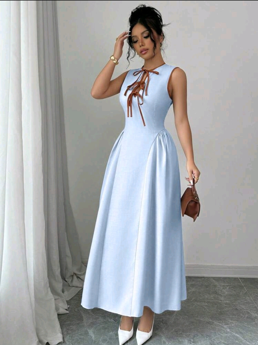 Elenzga Robe femme la plus récente, avec col ajouré, design de cravate bicolore, ourlet côté taille froncé