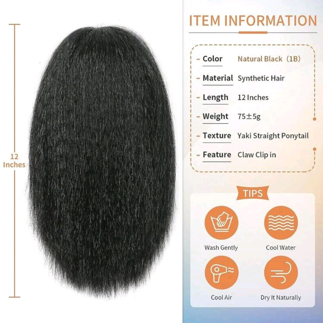 Extensions de queue de cheval de 12 pouces (30,5 cm) avec pince, queue de cheval de texture yaki noire pour femmes, extensions de queue de cheval droite bouclée 28 inch