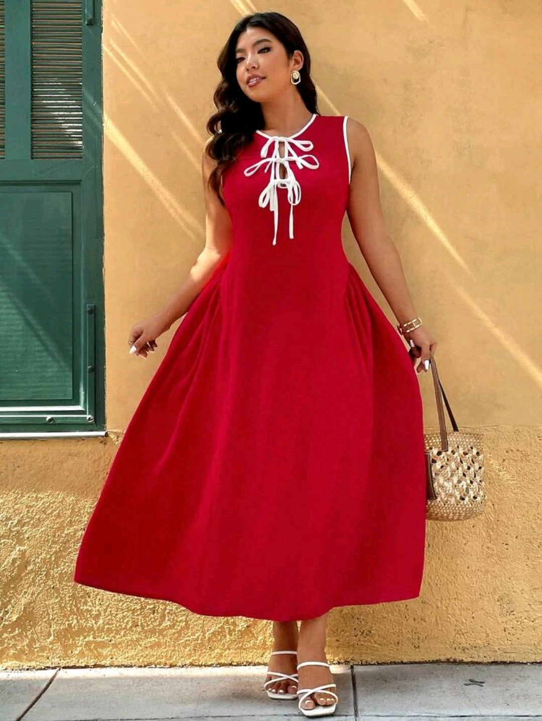 Elenzga Robe femme la plus récente, avec col ajouré, design de cravate bicolore, ourlet côté taille froncé