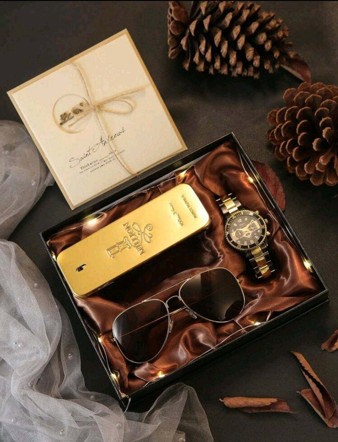 5 pièces/Set Montre de luxe élégante + Lunettes de soleil, carte de vœux, cadeau idéal pour anniversaire, fête des pères, Thanksgiving