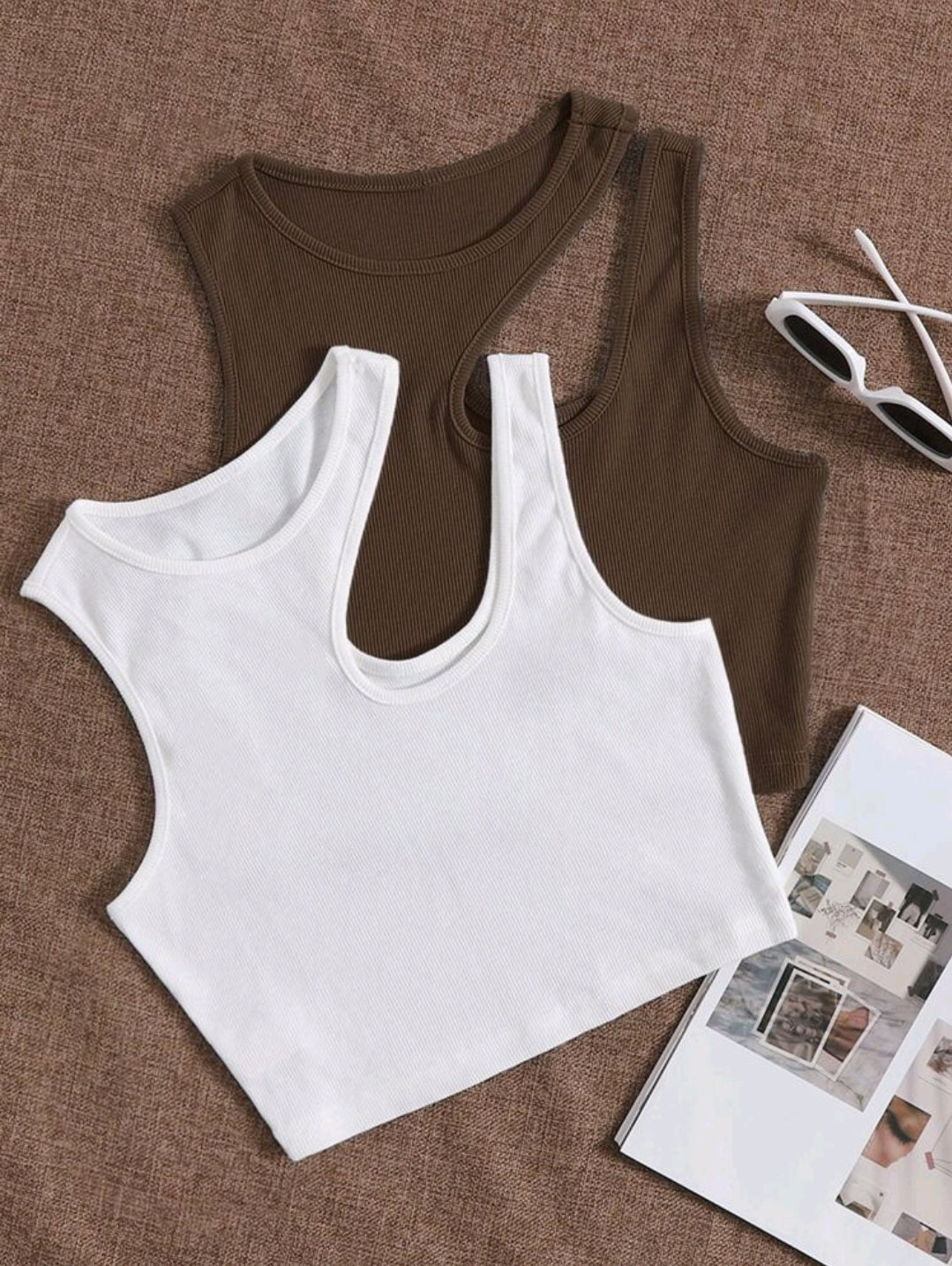 2 pièces Ensemble de débardeurs moulants en tricot de couleur unie pour femmes, Printemps/Été