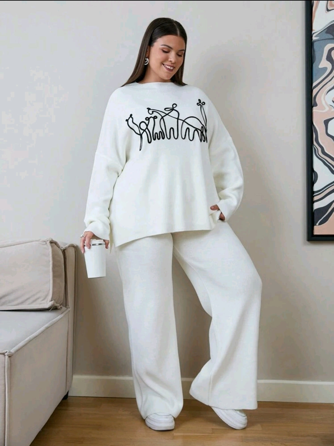 Pull oversize pour femmes avec détails brodés et pantalon en tricot, pour l'hiver