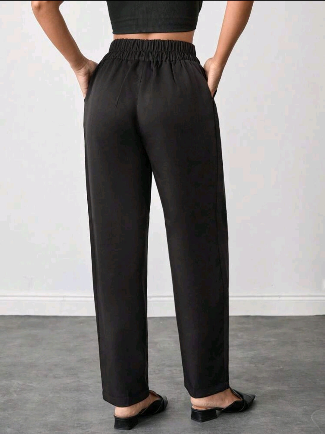 Pantalon ample taille haute couleur unie