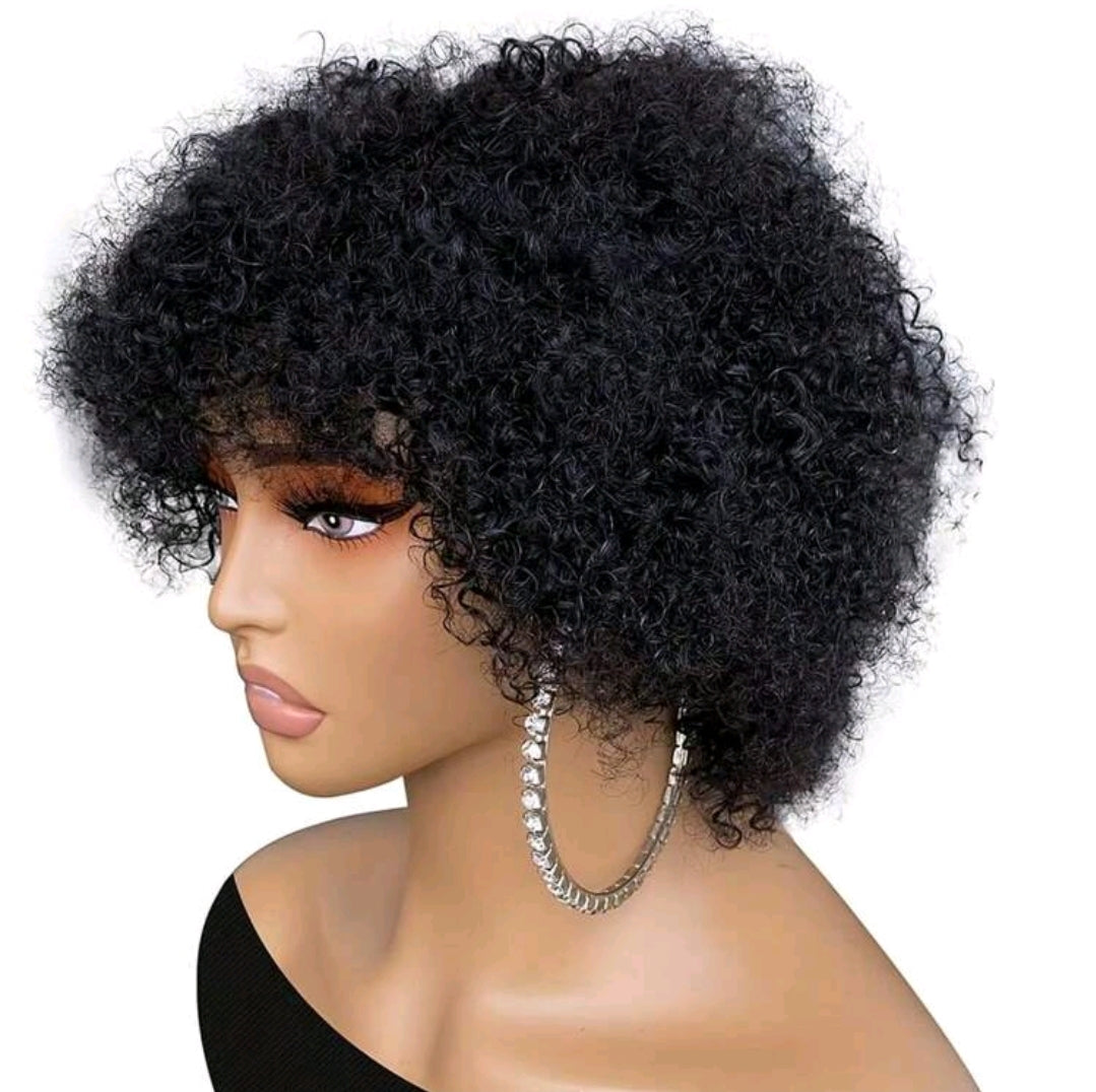 Perruques à frange de coupe au carré bouclée courte de type Jerry avec une coupe pixie. Perruques , avec des vagues d'eau, densité de 180%, couleur noire