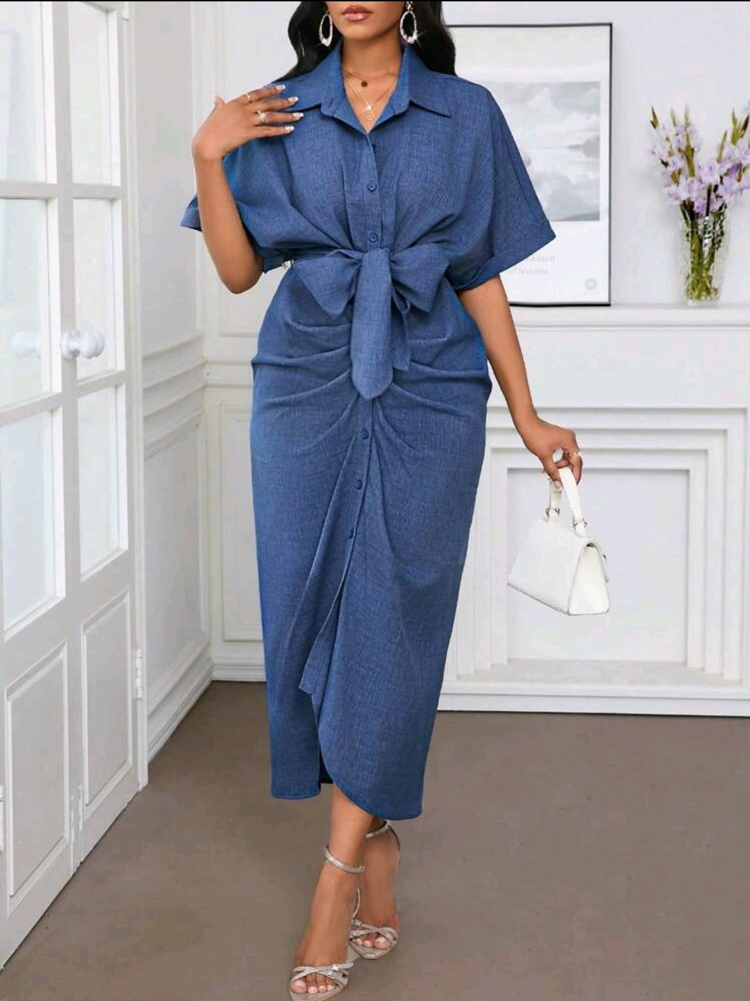 Robe de bureau, robe de vacances, robe chemise à volants bleue unie effet denim pour femmes