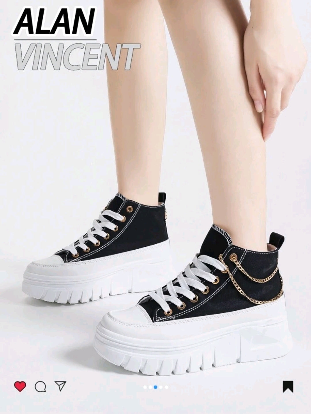 Alan Vincent Nouvelles chaussures de printemps pour femmes, chaussures noires hautes en canevas avec chaîne dorée.